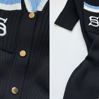 Y2K summer knit bodycon dress, streetwear style, front view on model.