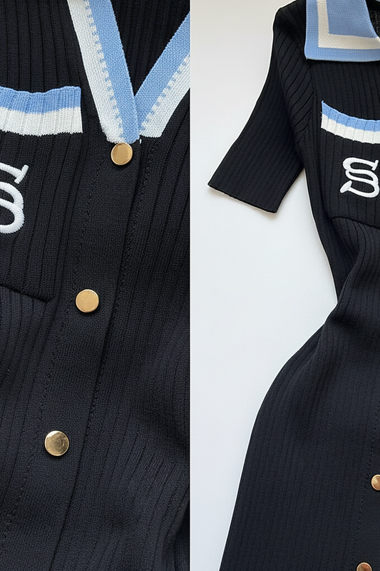 Y2K summer knit bodycon dress, streetwear style, front view on model.