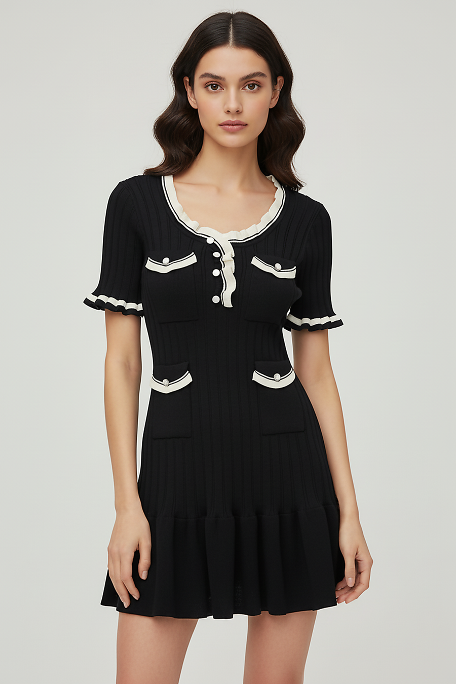 Chic Black Ruffled Knitted Mini Dress