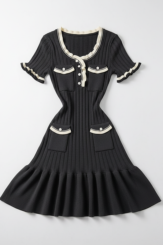 Knitted mini dress, front view on model.