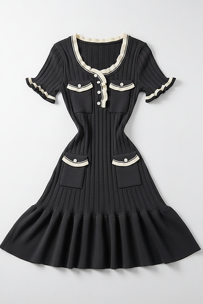 Knitted mini dress, front view on model.