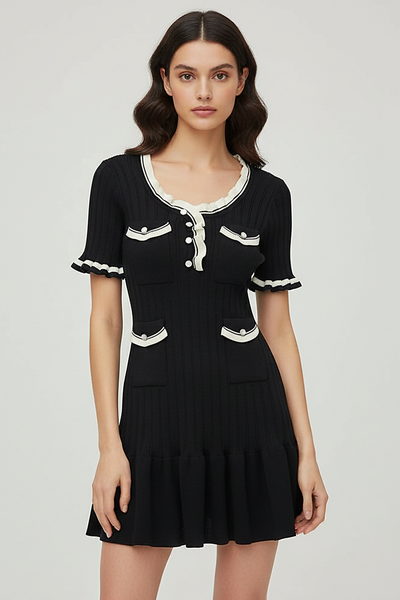 Knitted mini dress, front view on model.